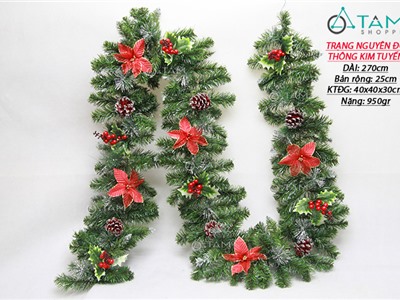 Dây lá thông bản lớn 3LL có trang trí 5 bông trạng nguyên đỏ X-DLTL-04